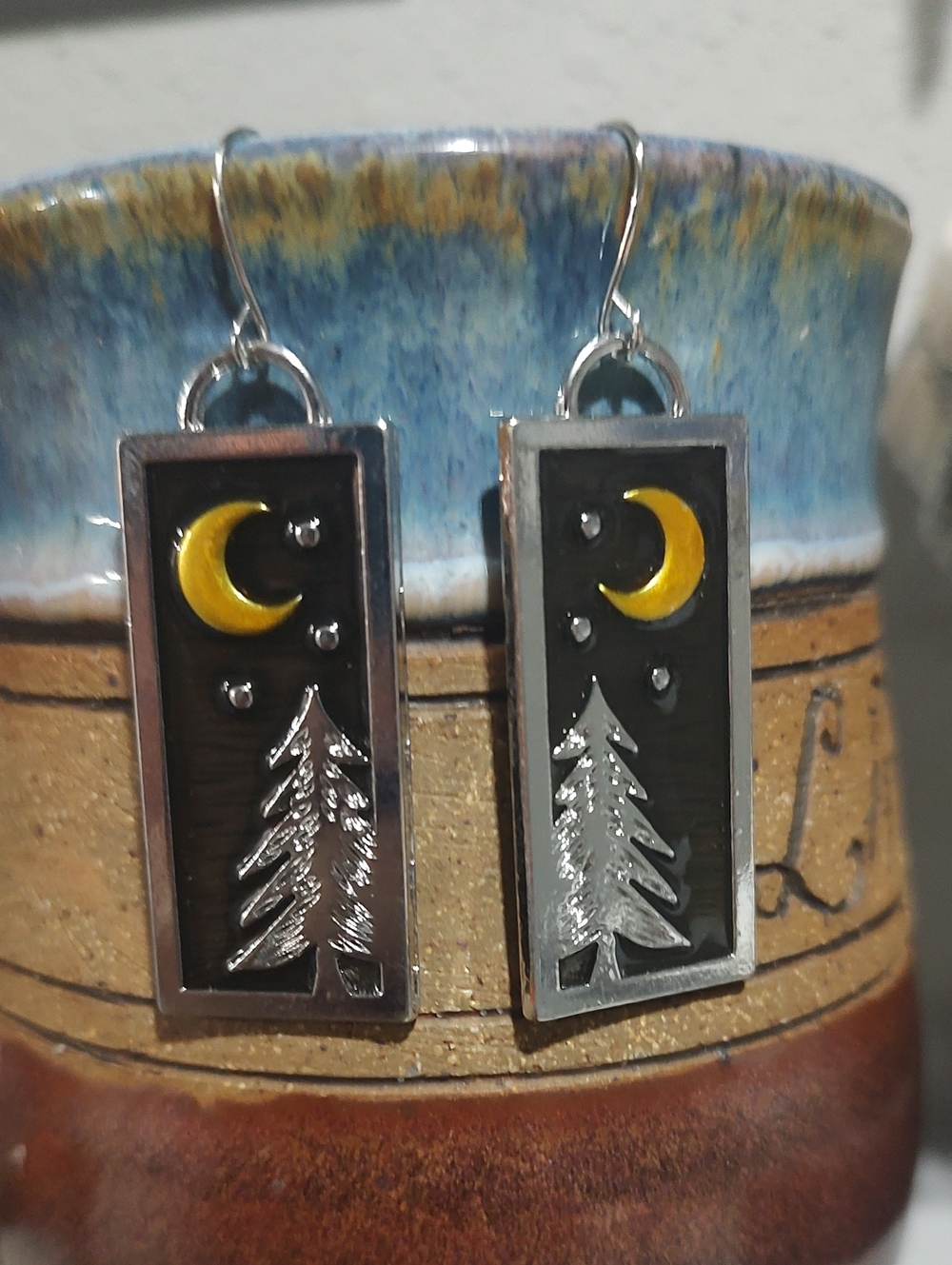 Night Sky Earrings Moon Stars And Pines Camping